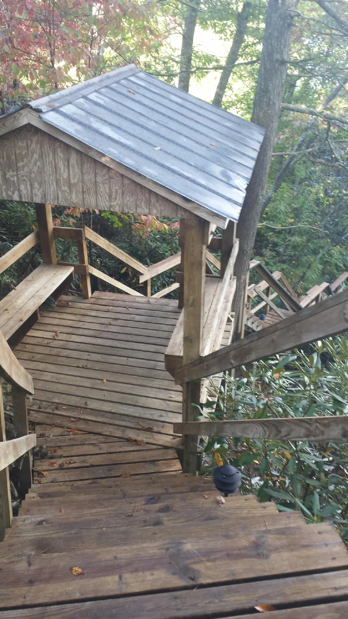 Metal roofed shelter over wooden steps on a wooded walkway — Skylight Repair & Installation work by our crew in Dowelltown